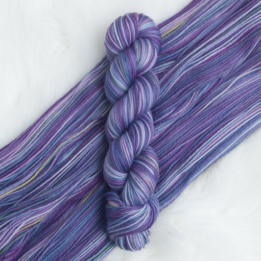 February Violets worsted birth flower yarn gauge dye works purple