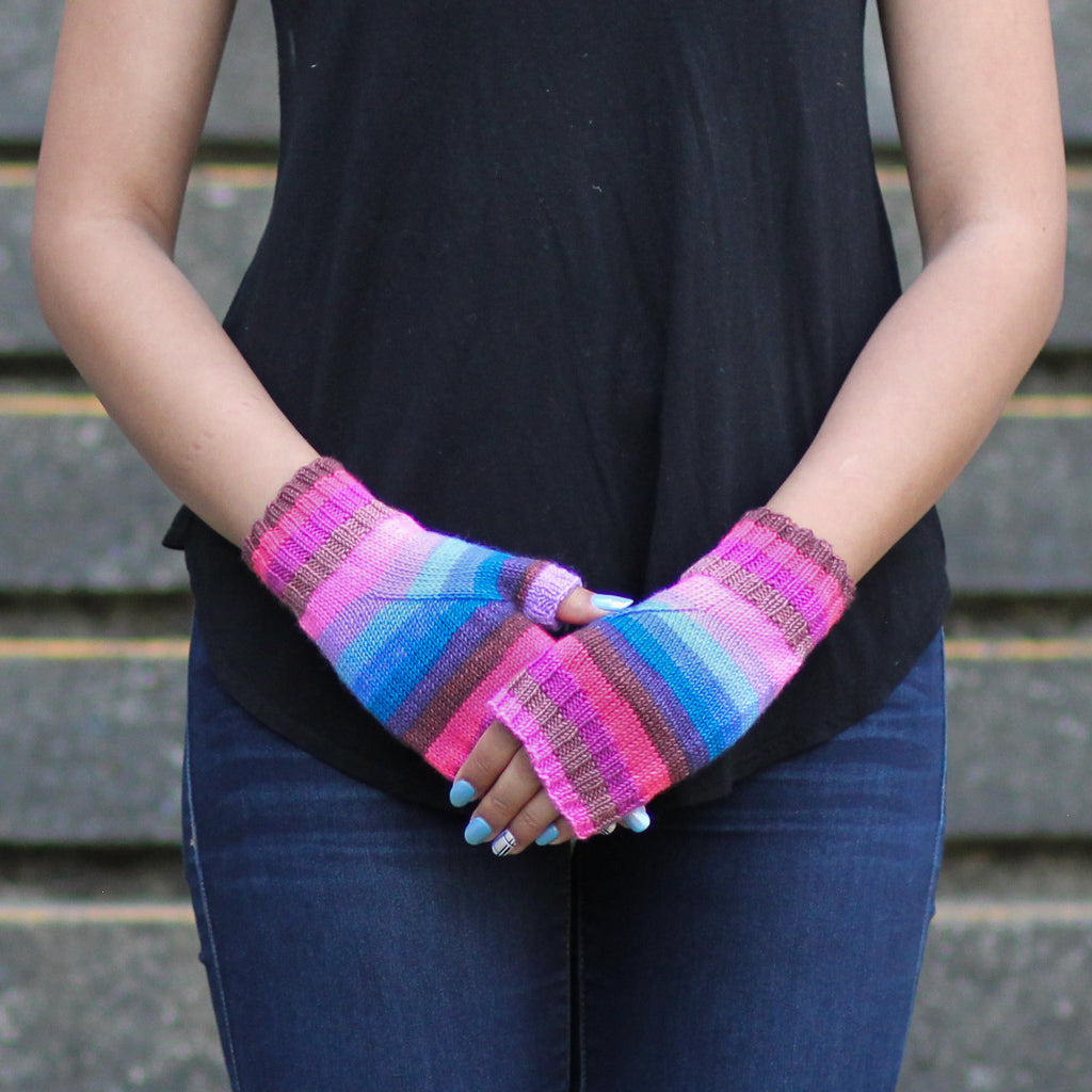 Azurite C pink and blue self striping classic sock and mitten mitt yarn from gauge dye works