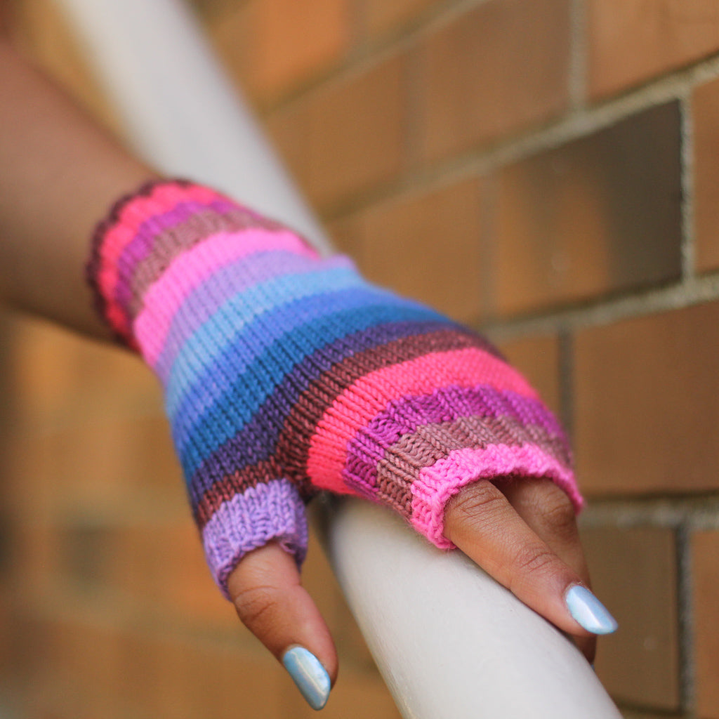 Azurite C pink and blue self striping classic sock and mitten mitt yarn from gauge dye works