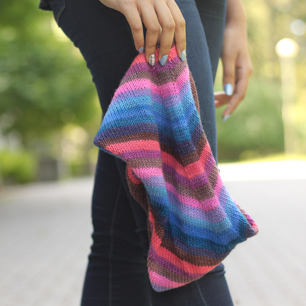 Slanted Stripes knitted cowl by Andrea Rangel in Azurite C self striping sock classic yarn from gauge dye works Andrea Rangel slanted stripes cowl