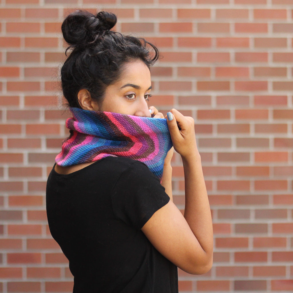 Azurite C pink and blue self striping classic sock and cowl scarf yarn from gauge dye works slanted stripes by Andrea rangel