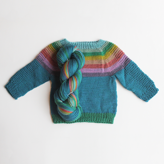 One skein = one self-striping rainbow baby sweater