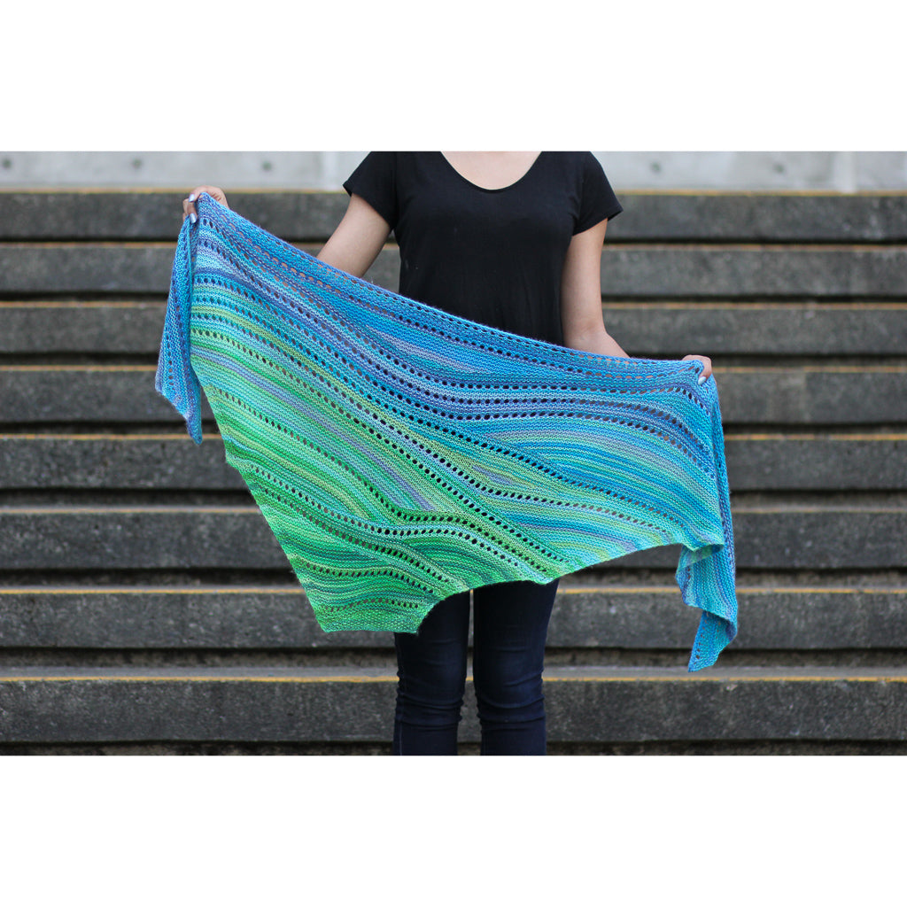 Azurite A SHAWL yarn green blue self striping fade gradient wool from Gauge Dye Works Bermuda Scarf Ilga Leja
