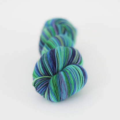 Azurite A self-striping green and blue sock knitting yarn from Gauge Dye Works
