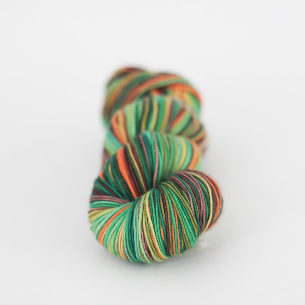 Azurite E green and orange self striping classic sock yarn from gauge dye works