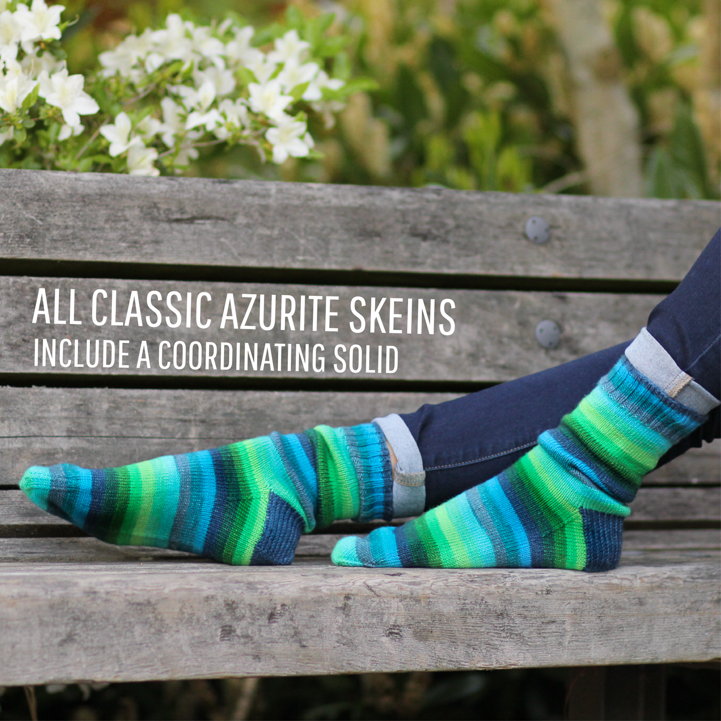 Azurite self-striping green and blue sock knitting yarn from Gauge Dye Works