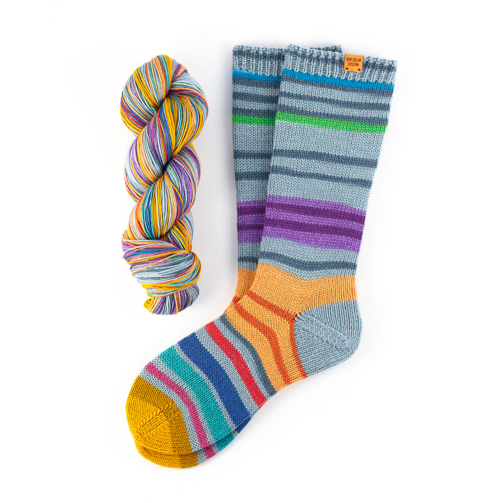 our solar system round trip socks gauge dye works self striping yarn wool knitting