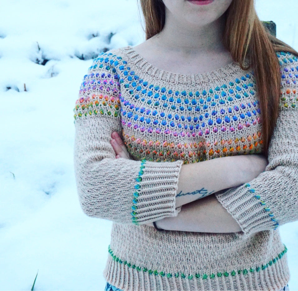 Santa Clara sweater by orangeknits Mara Bryner knit in YOTH Big Sister Gauge Dye Works All Together Now